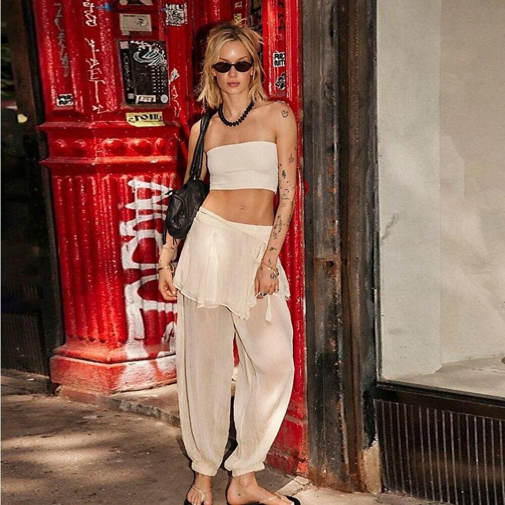 NWT New $128 Free People Tongue Tied Sheer Ivory Balloon Pants Size L